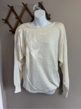 Olsen European Fashion Knit Sweater Cream Linen Blend Applique Fits M/L